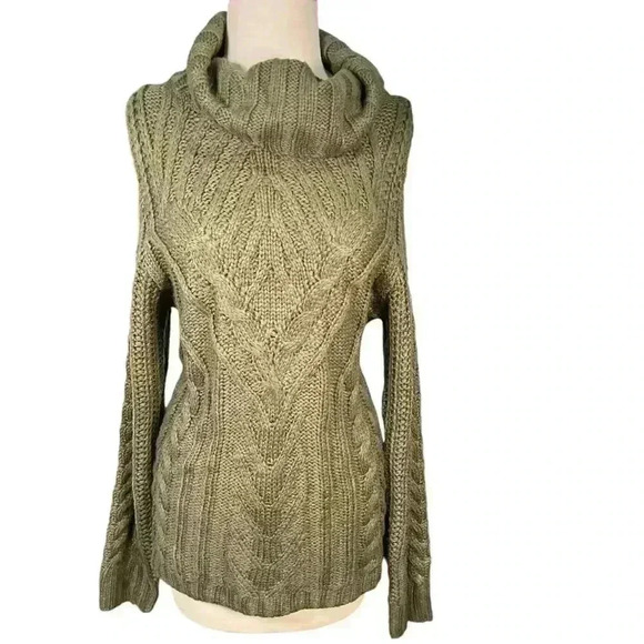 American Rag Cable Knit Turtle Neck Open Shoulder Sweater Olive Size L - Picture 1 of 10